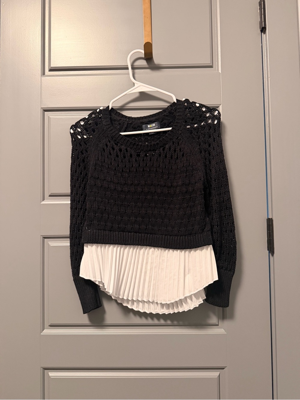 Anthropologie Maeve Layered Pleated Trim Crochet Black/White Sweater XS